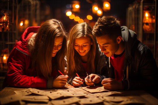 a halloween themed escape room with participants trying to solve puzzles amidst creepy decor and hidden surprises