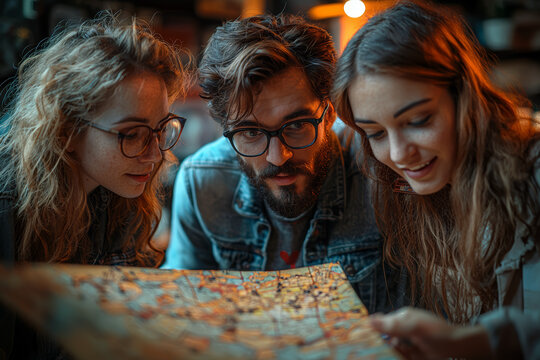a group of friends engaged in a thrilling escape room challenge, solving puzzles together. concept of problem solving and adventure.