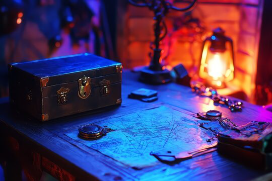 mysterious box and map in dimly lit room